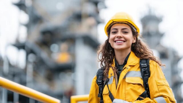 Smiling Engineer at Work: A dedicated female engineer, clad in protective workwear and a hard hat, exudes confidence as she poses on an industrial site.