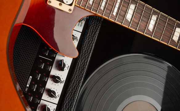 colorful music background with guitars close up