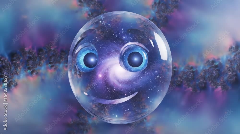 Poster smiling emoji encased in translucent bubble reflecting the vastness of space, set against a backdrop