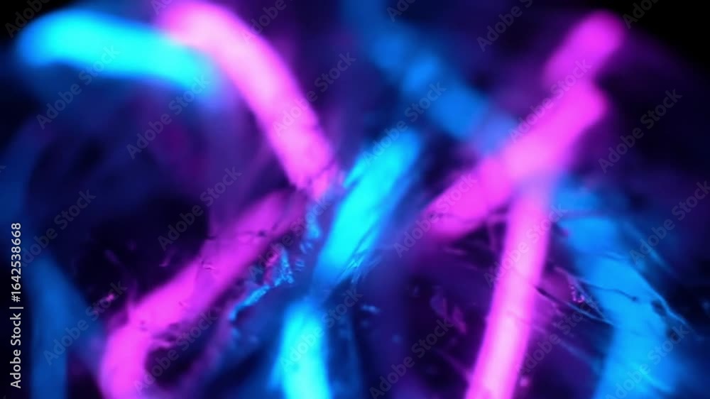 Poster dynamic intersecting streams of glowing cyan and magenta light creating a vibrant, abstract futurist
