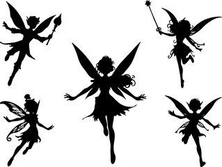 vector sketch illustration silhouette design image of a beautiful fairy fantasy character flying with wings