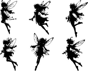 vector sketch illustration silhouette design image of a beautiful fairy fantasy character flying with wings