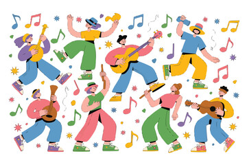 Naklejka premium Diverse group of people dancing and playing musical instruments