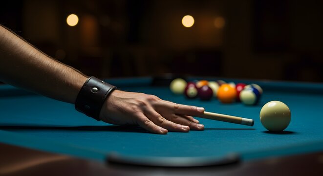 A man is playing pool with a group of balls on the table. He is holding a pool stick and is about to hit one of the balls