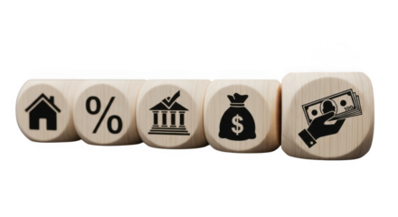 Wooden blocks with icons representing housing, interest rates, banking, money bag, and cash payment, isolated on transparent background