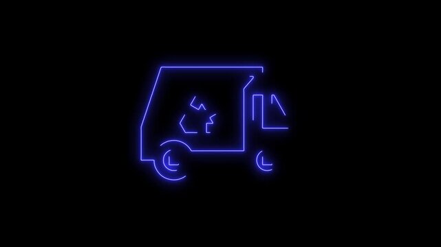 A glowing neon outline of a garbage truck, featuring the universal recycling symbol on its side. 