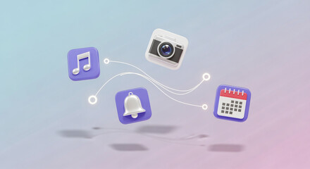 A clean and minimalistic 3D render with a soft pastel gradient background. Four glossy, floating app icons a music note, camera, notification bell, and calendar are interconnected.