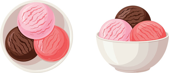 Obraz premium Delicious Scoops of Strawberry, Chocolate, and Raspberry Ice Cream in a Bowl