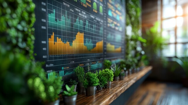 Analyzing business growth trends modern office space data visualization green environment focused view financial insights