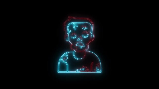A neon-style outline of a zombie figure, split with red on the left side and blue on the right, against a black background