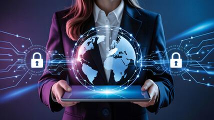 Professional adult woman in dark suit holding tablet with holographic globe and cybersecurity icons
