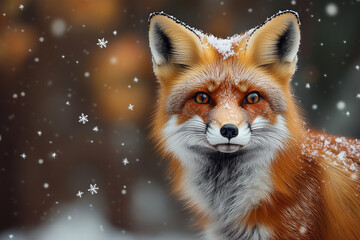 A curious red fox exploring a snow-covered woodland, with delicate snowflakes falling softly around its bright, alert eyes.
