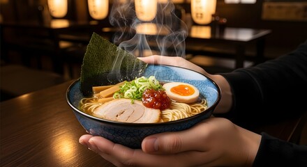 Steaming Ramen Bowl Held Warmly by Hands