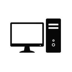 Black computer desktop monitor and tower icon on white background vector illustration of