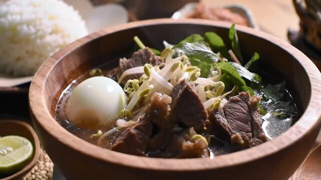 Close-up of traditional Indonesian rawon beef soup being served with rice, sambal, and fresh herbs, steaming and appetizing
