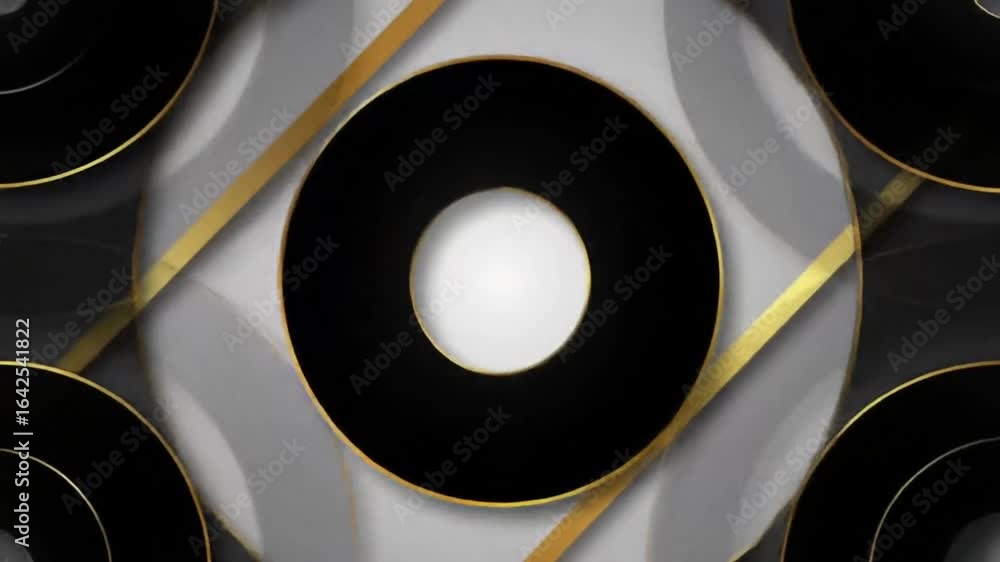 Poster dynamic abstract background with a central black circle and white core, highlighted by golden lines 