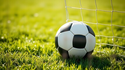 Soccer ball nestled in the net against a lush green field, capturing a moment of victory.