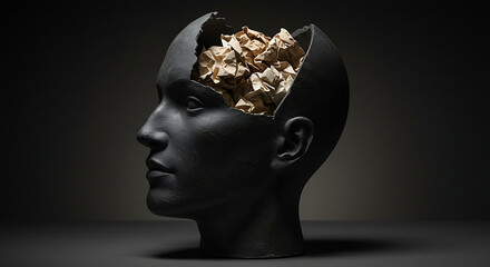 A conceptual metaphor for a cluttered mind and creative block, showing a fractured head filled with crumpled golden paper ideas.