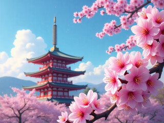 Springtime in Japan: Cherry Blossoms and a Traditional Red Pagoda