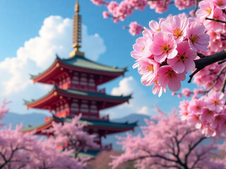 Beautiful Japanese Landscape with a Pagoda and Pink Sakura Flowers