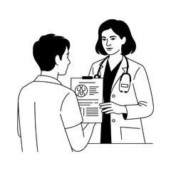 Line art of A female doctor explaining the diagnosis to a patient