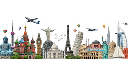 Collage of famous world landmarks and monuments from different countries, symbolizing global travel and tourism, isolated on transparent background