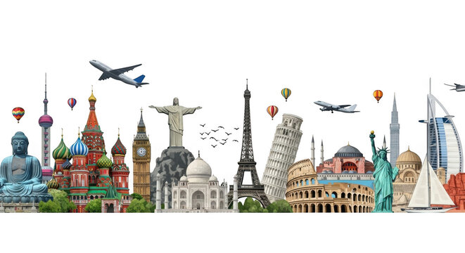 Collage of famous world landmarks and monuments from different countries, symbolizing global travel and tourism, isolated on transparent background