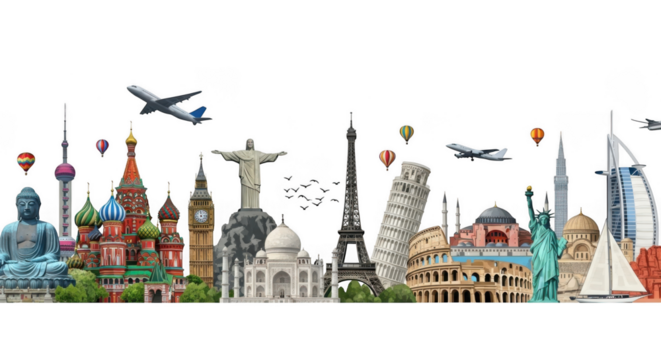 Collage of famous world landmarks and monuments from different countries, symbolizing global travel and tourism, isolated on transparent background