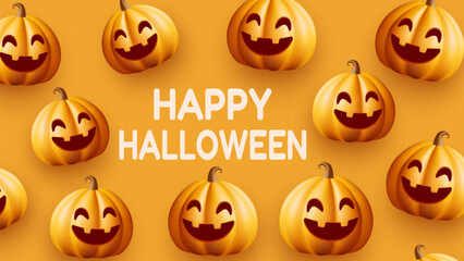 3D vector illustration render of orange background with smiling pumpkin pattern and text Happy Halloween for decoration, design, festival.