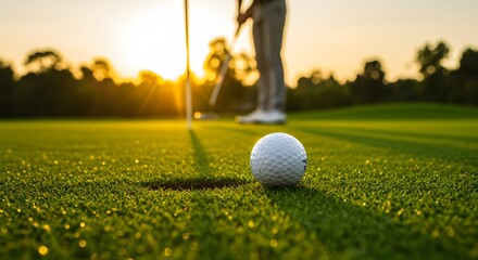A man is playing golf and is about to hit a ball. The ball is in the hole