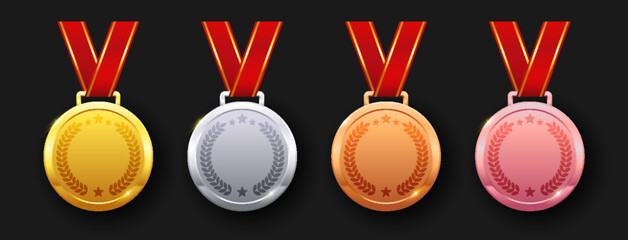 Set of gold, silver, bronze, and rose gold medals with star designs. Glossy metal reward badges for first, second, third, and fourth place prizes.