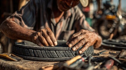 Focused medium shot of a village artisan tying rubber straps onto recycled tire soles natural light highlighting textures with outoffocus workshop activity behind.