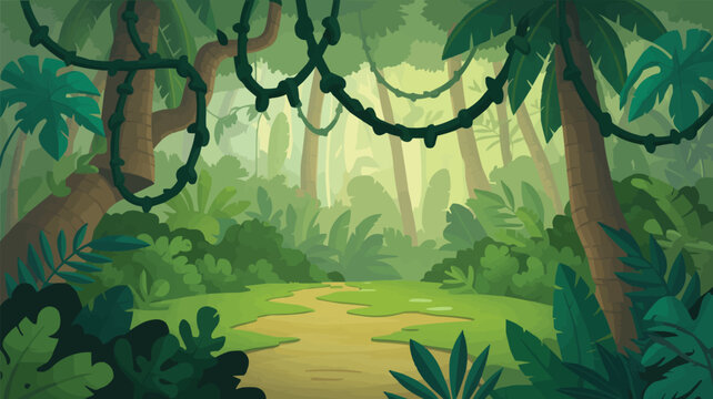 Lush jungle path with hanging vines and tropical plants
