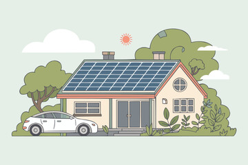 Naklejka premium Modern house with solar panels and electric car home