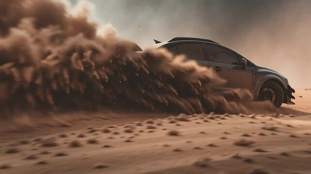 Dynamic Black Car Racing Through Sand Dunes in Desert Environment with ai generated