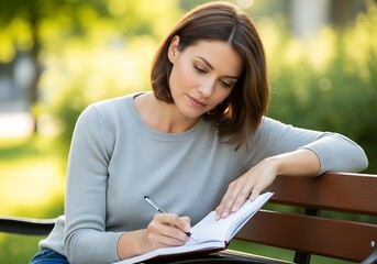 Woman writing in park notebook. Focused young professional journaling, studying, or taking notes on a sunny outdoor bench. Ideal for productivity, education, wellness.