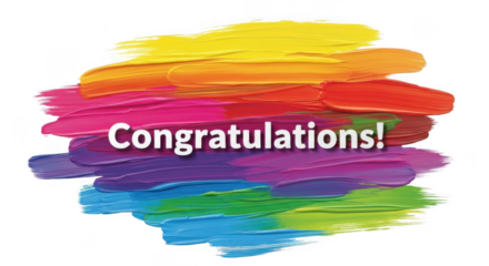 Congratulations text on a colorful rainbow paint brushstroke background, isolated on transparent background