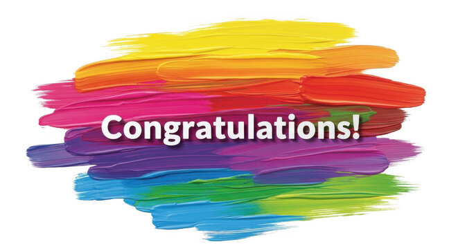 Congratulations text on a colorful rainbow paint brushstroke background, isolated on transparent background