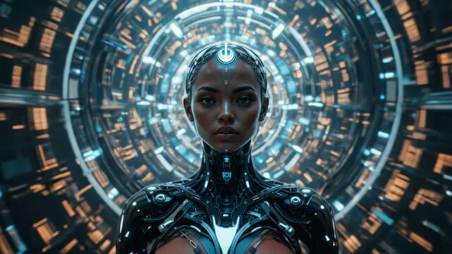 A humanoid African-American woman during the singularity symbolizes agent autonomy and future AGI technology using super intelligence. 4k video