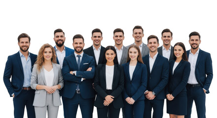 Fototapeta premium A diverse group of business professionals, men and women, standing together in suits isolated on transparent background, representing teamwork and success