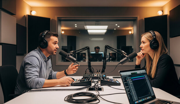Two professional hosts record a podcast or radio show in a modern studio.