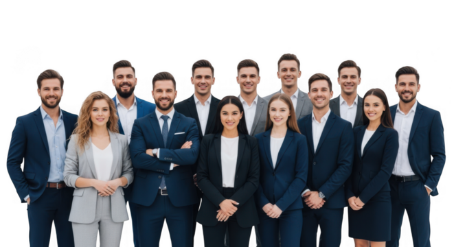 A diverse group of business professionals, men and women, standing together in suits isolated on transparent background, representing teamwork and success