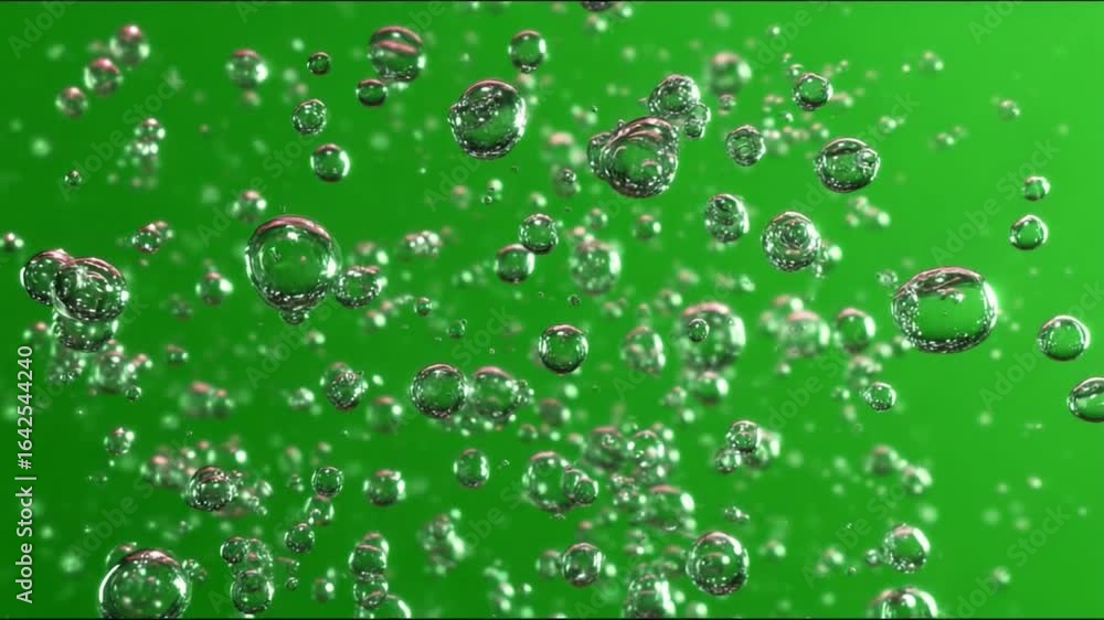 Poster Bubbles on Green: Sparkling bubbles float gracefully against a vivid green backdrop, creating a mesmerizing display of transparency and light.