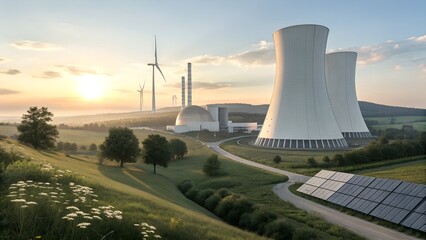 A nuclear power plant generates electricity by using controlled nuclear fission to produce heat, which drives turbines connected to generators, providing large-scale, low-carbon energy.