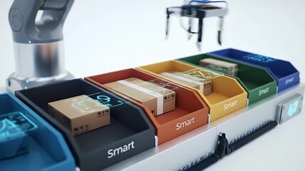 Robotic arm sorting packages on automated conveyor belt with smart technology integration system - Powered by Adobe