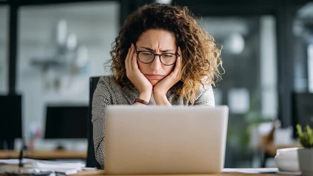Overwhelmed in the Workplace: A woman, overwhelmed with stress, rests her head in her hands while looking at a laptop, a modern take on work, capturing the toll of corporate fatigue.