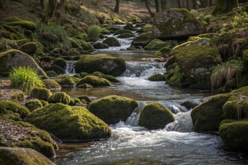 Mossy Rocks in Forest Stream