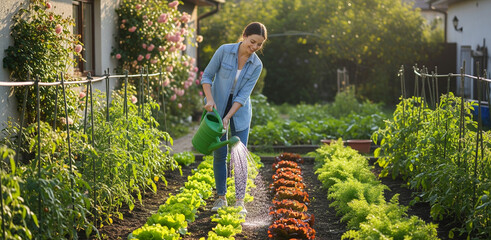 A happy woman waters her bountiful home vegetable garden, holding a freshly picked head of lettuce. Warm sunlight illuminates the lush plants, capturing a serene moment of sustainable living.