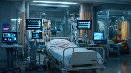 Modern ICU Interior: A clean and contemporary Intensive Care Unit(ICU), equipped with advanced medical technology, showcasing an atmosphere of cutting-edge healthcare.  - Powered by Adobe