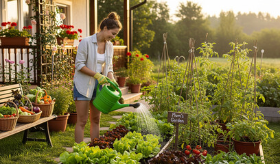A happy woman waters her bountiful home vegetable garden, holding a freshly picked head of lettuce. Warm sunlight illuminates the lush plants, capturing a serene moment of sustainable living.